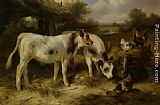 Walter Hunt Canvas Paintings - Calves and Hens Feeding